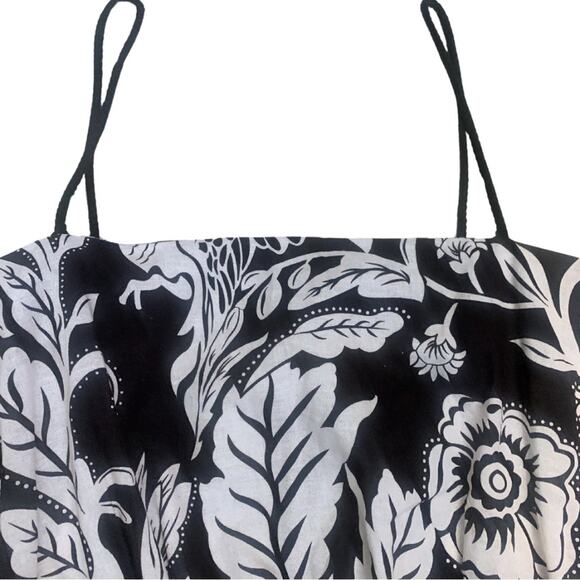 Cream Black Floral Print Linen Blend Sleeveless Midi Dress Large Tropical Beach - Picture 5 of 13